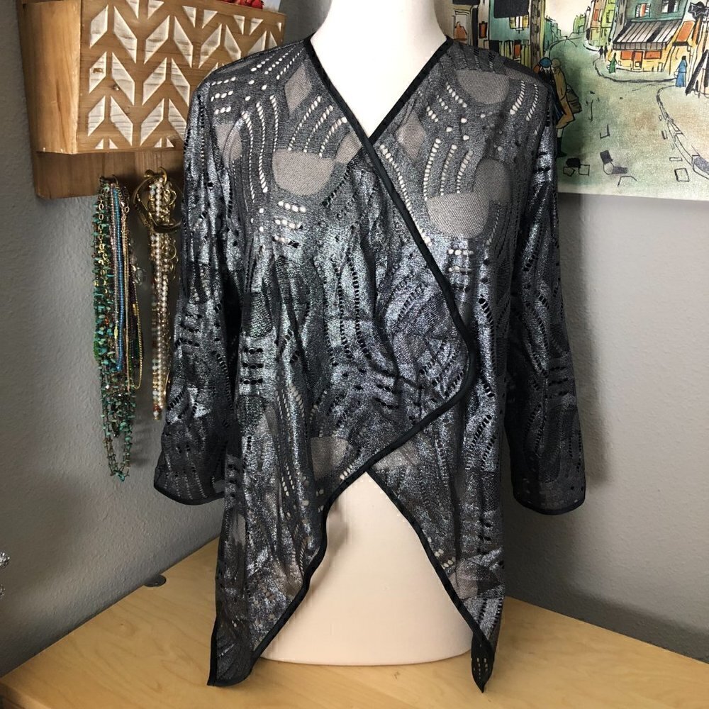 Chico's Travelers Cardigan Women's size 1 or S Black Metallic Sheer Lightweight